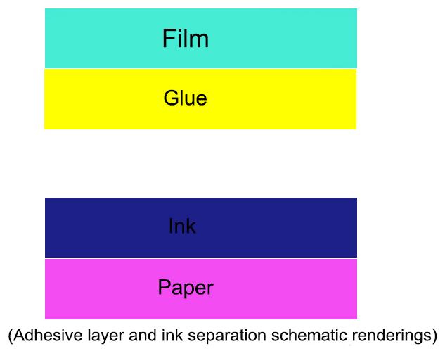 Representación esquemática de la separación de la capa de cola y la tinta.
